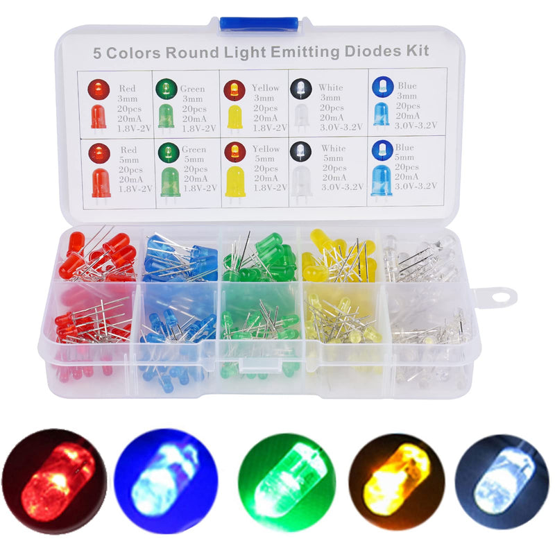 [Australia - AusPower] - 200 Pieces LED Diode Lights, 3mm and 5mm LED Lights Emitting Diodes Assortment Set Kit for White Red Blue Green Yellow 200 Count (Pack of 1) 