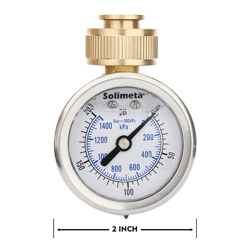 [Australia - AusPower] - Solimeta 2" Glycerine Filled Stainless Steel Water Pressure Test Gauge, 0-200 psi/kpa, 3/4" Female Hose Thread 2 inch stainless steel case, liquid filled 
