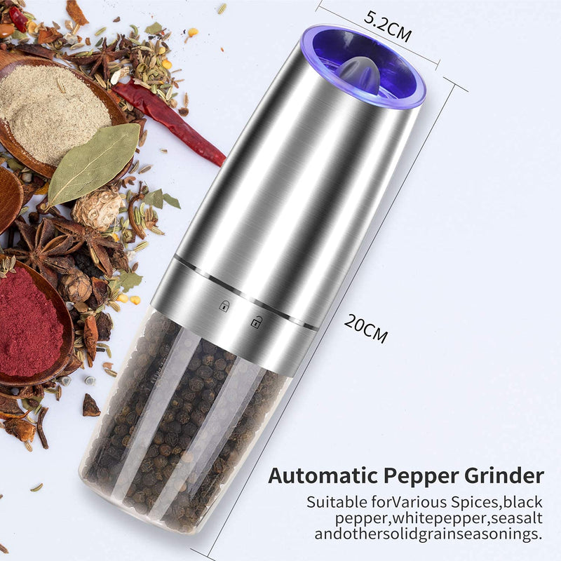 [Australia - AusPower] - Electric Gravity Pepper Grinder set of 2, Automatic Salt and Pepper Mill Grinder, Adjustable Roughness, Battery Powered, Blue LED Light, Stainless Steel with One Hand Operation (Sliver 2 pack) Silver 2X 