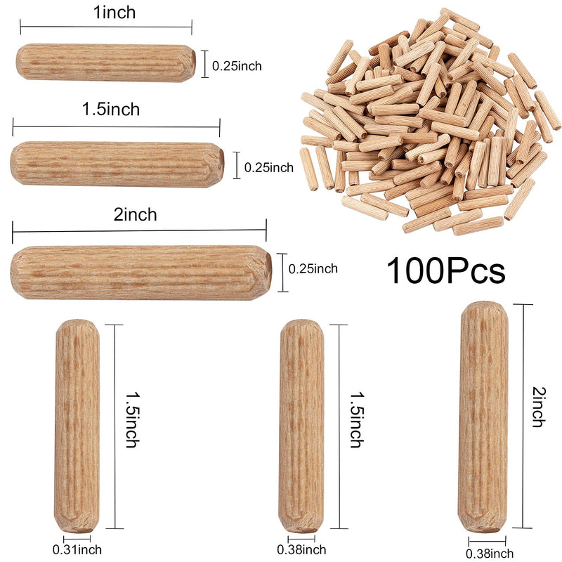 [Australia - AusPower] - Docvania 100 Pcs 1/4 X 1 Inch Fluted Wood Dowel Pins Wooden Beveled Ends Tapered Straight Grooved Pins for Furniture and Wood Crafts 1/4"X1" 