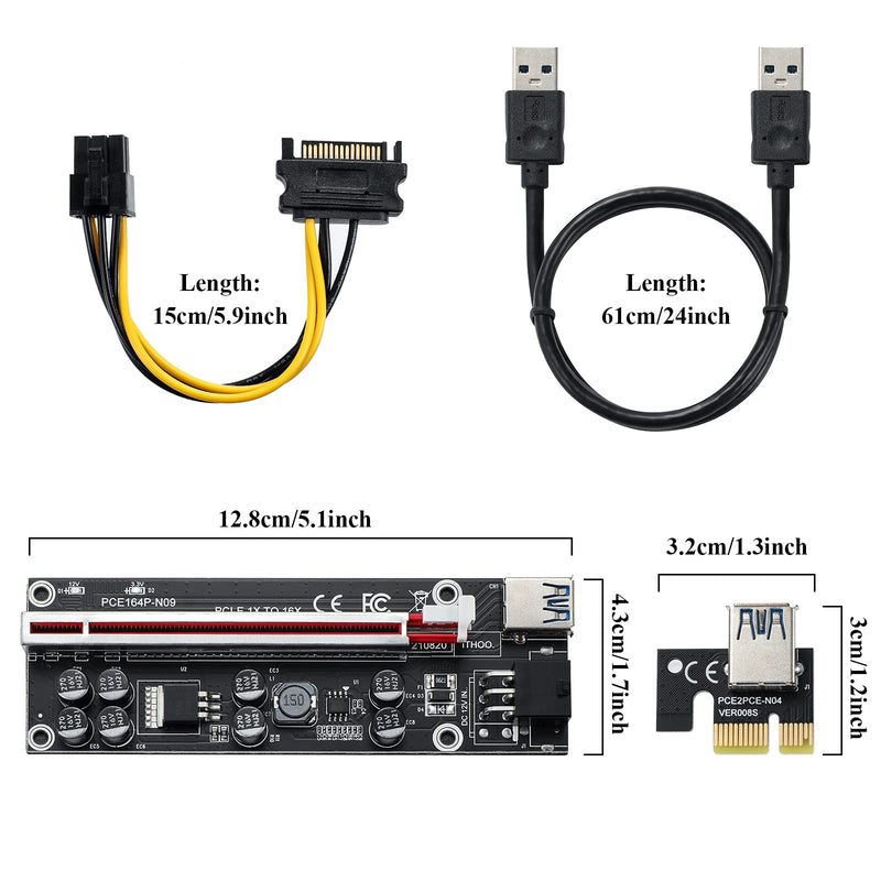 [Australia - AusPower] - MZHOU 2PACK PCIE Riser 1X to 16X Graphics Extension Powered Riser Adapter Card with USB 3.0 Cable & 6 PIN Power Cable for GPU Mining (Black 2-Pack) Black-V009S 