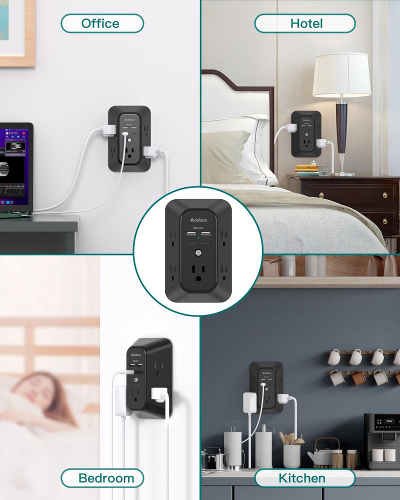 [Australia - AusPower] - Surge Protector Outlet Extender - Addtam 5-Outlet Splitter with 4 USB Wall Charger(2 USB-C Ports), Multi Plug Outlet Power Strip for Home, Dorm Room Essentials, Black 2C2A 