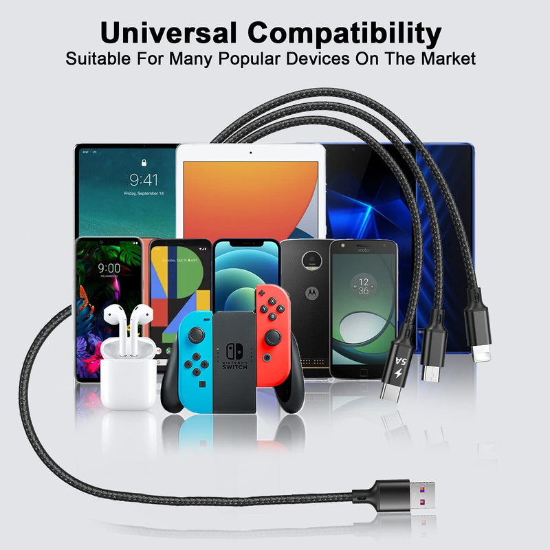 [Australia - AusPower] - Multi Charging Cable 3 in 1 Fast Charging Cord 5A Nylon Braided USB Cable Multiple Charger 5A Type-C Compatible with Most Smart Phones & Pads - 3.3 ft /3 Packs 