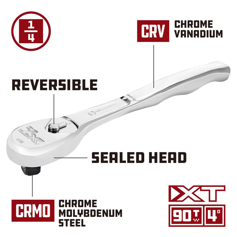 [Australia - AusPower] - Powerbuilt 1/4" Drive XT90 90 Tooth Professional Ratchet, Seal-Head Ratchet, Full-Polish, Long Handle - 649937 