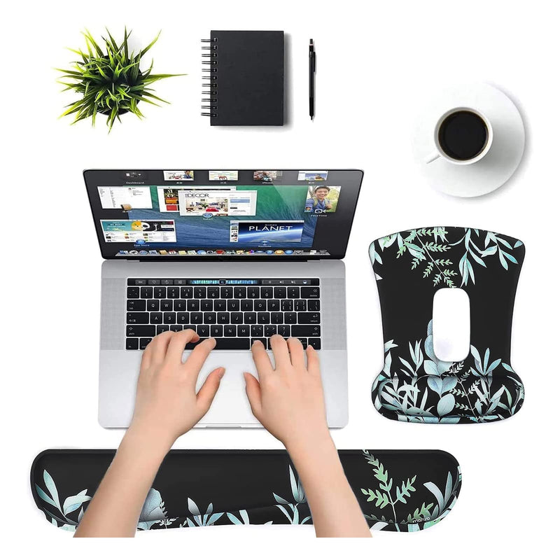 [Australia - AusPower] - MOSISO Wrist Rest Support for Mouse Pad & Keyboard Set, Plants Ergonomic Mousepad Non-Slip Base Home/Office Pain Relief & Easy Typing Cushion with Neoprene Cloth & Raised Memory Foam, Black 