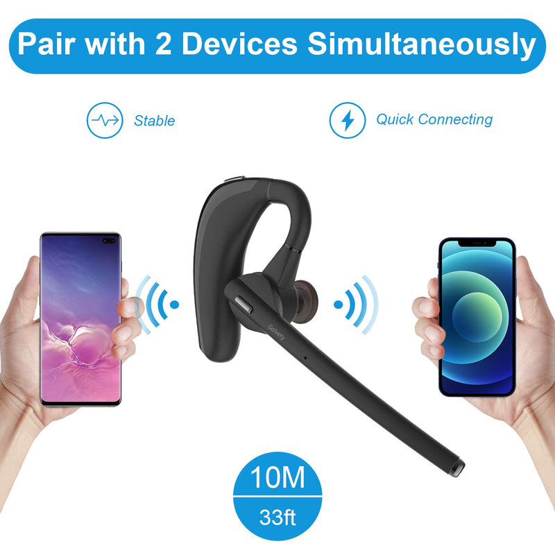 [Australia - AusPower] - Golvery Bluetooth Earpiece V5.0 Wireless Headset with Boom Microphone for Cell Phone, CVC6.0 Noise Cancelling, Handsfree Stereo Earphones for Office Car Trip, Volume/Mute Control, 10 Hours Talk Time 