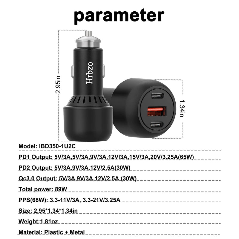 [Australia - AusPower] - Hrbzo 95W Car Charger 3-Port(USB-C 65W&USB-C 30W&USB-A) All Metal Fast Car Charger Adapter car Charger iPhone car Cigarette Accessories USB Charger Compatible with MacBook iPhone13/12/11/8 and More 