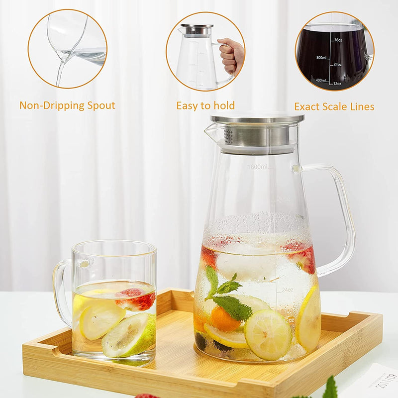 [Australia - AusPower] - Glass Pitcher, 56oz/1600ml Water Pitcher with Stainless Steel Lid and Scale Line for Iced Tea & Juice, Homemade Drinks Glass Jug, Water Jug with Handle for Lemonade, Milk, Cold or Hot Beverage Carafe 