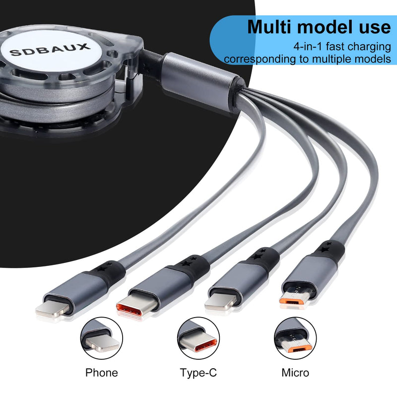 [Australia - AusPower] - SDBAUX Retractable Multi USB Charging Cable 3A 4 in1 Fast Charger Connector with Dual Phone Type C Micro USB Port Cord,Compatible Tablets Smart Phone and More 