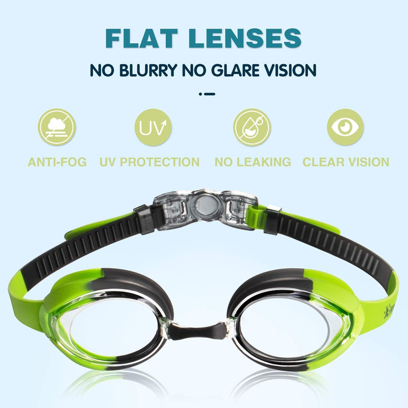 [Australia - AusPower] - Keary 2 Pack Kids Swim Goggles for Toddler Kids Youth(3-14),Anti-Fog Waterproof Anti-UV Clear Vision Water Pool Goggles Clear Green & Blue(2 Pack) 