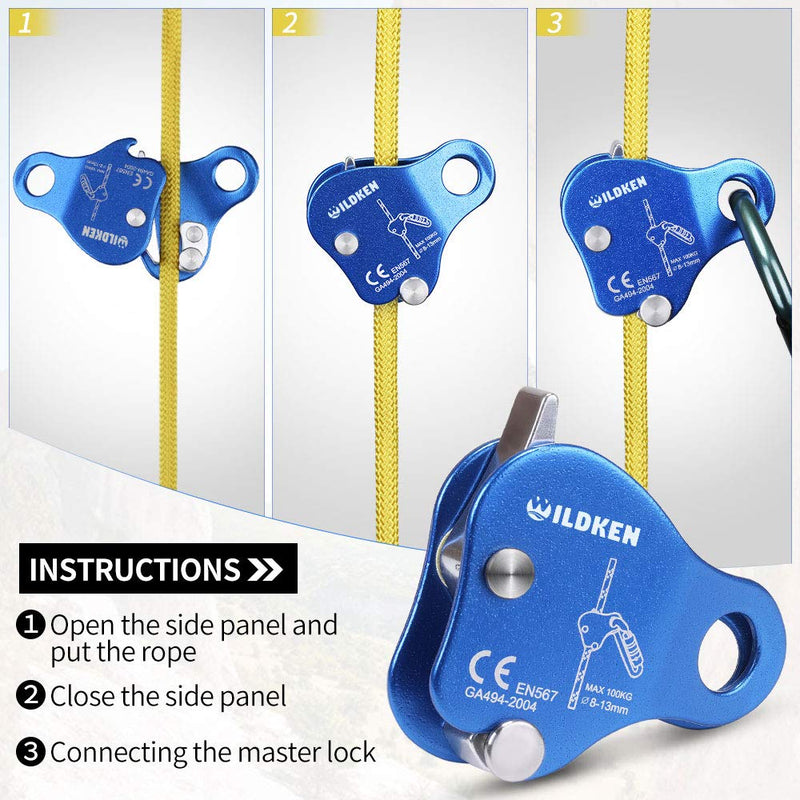 [Australia - AusPower] - Wildken Climbing Ascender Fall Protection Belay Device Climbing Rope Grip Clamp for Rock Climbing Mountaineering Tree Arborist Expedition Caving Rescue Aerial Work (Blue) 