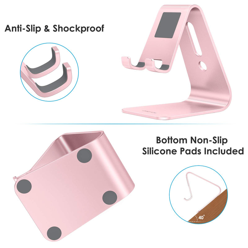 [Australia - AusPower] - Upgraded Aluminum Cell Phone Stand, OMOTON C1 Durable Cellphone Dock with Protective Pads, Smart Stand Designed for iPhone 11 Pro Max XR XS 8 Plus 7 SE, iPad Mini, Android Phones, Rose Gold 