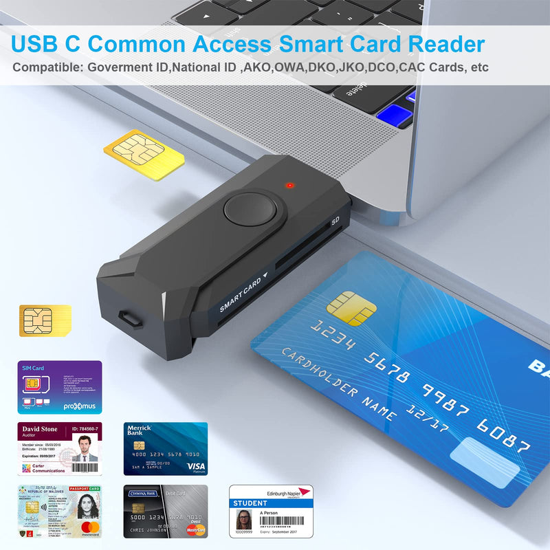 [Australia - AusPower] - USB C Smart Card Reader, CAC/DOD Military Multi Memory Card Reader Supports SD/Micro SD/SDHC/SDXC/MMC/TF and SIM Adapter/Writer, Compatible with Windows, Mac OS, Linux, Android 