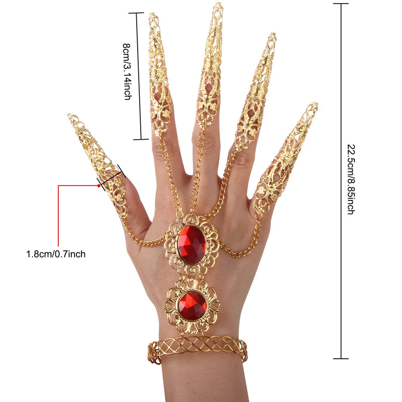 [Australia - AusPower] - CROWN GUIDE Women's Belly Dancer Costumes Gypsy Egyptian Queen Costume Accessories Bangles with Finger Claws Goth Nails Indian Hand Jewelry Set Gold 