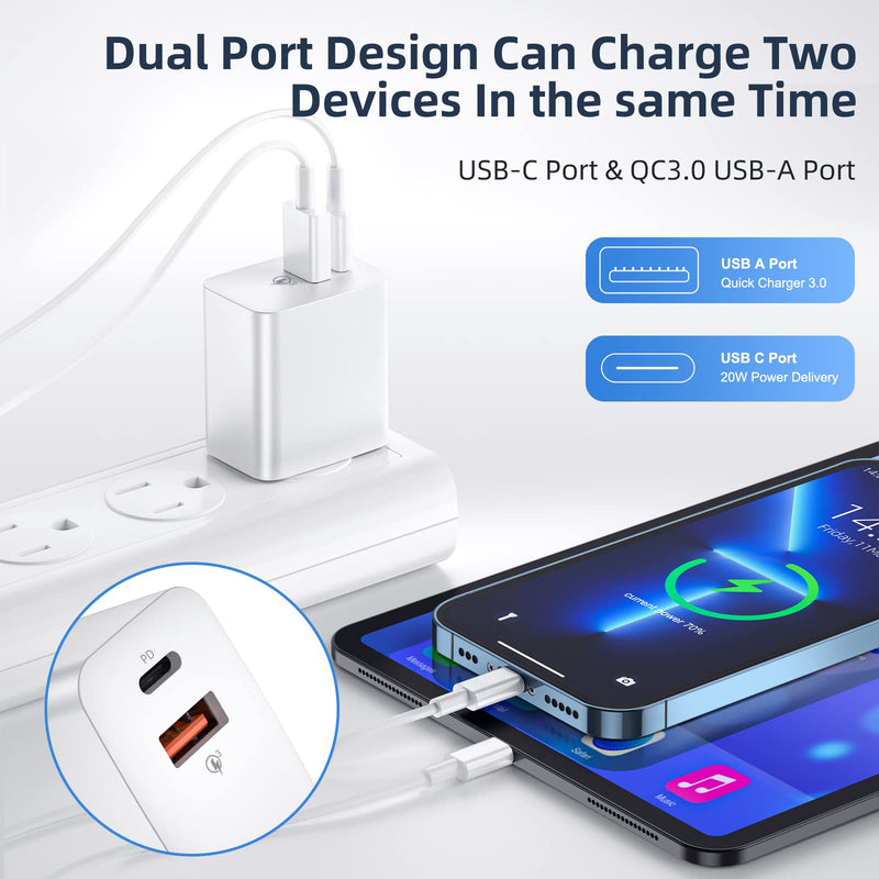 [Australia - AusPower] - 2-Pack iPhone 13 12 Fast Charger, [MFi Certified] Dual Port 20W USB C Wall Charger Fast Charging Block with 6FT USB C to Lightning Cable PD/QC 3.0 Quick Chargers for iPhone 13 12 11 Pro Max Xs XR/iPad 