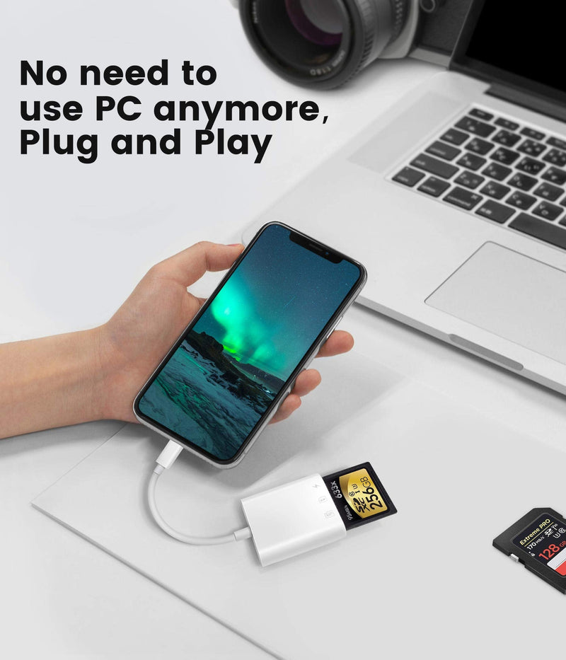 [Australia - AusPower] - SD Card Reader for iPhone iPad,Oyuiasle Trail Game Camera Micro SD Card Reader Viewer,SLR Cameras SD Reader with Dual Slot,Photography Memory Card Adapter,Plug and Play 