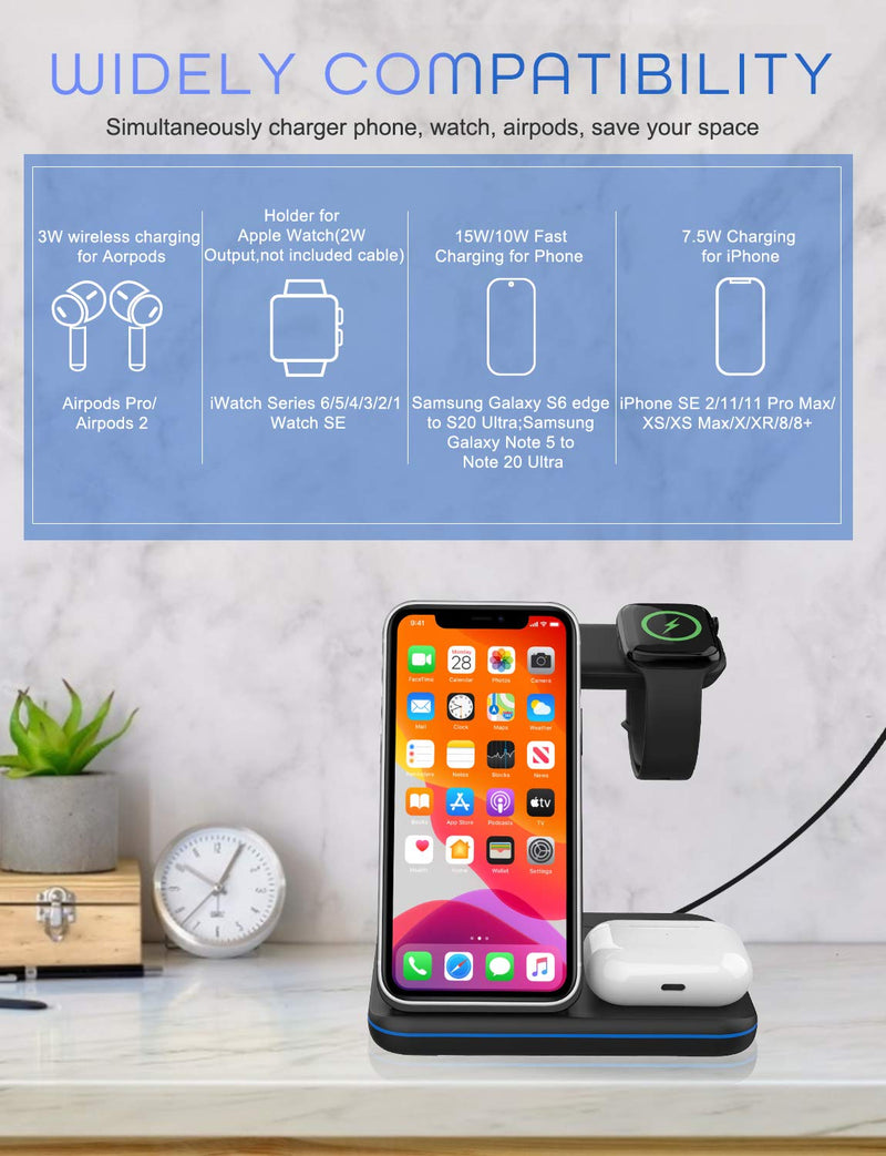 [Australia - AusPower] - Innens 15W Wireless Charging Station for Apple, 3-in-1 Fast Wireless Charger with Adapter for iPhone 12/11 Pro Max/Xs Max/XS/XR, Apple Watch 6/5/4/3/2/1, Airpods 1 2 3 Pro Black 