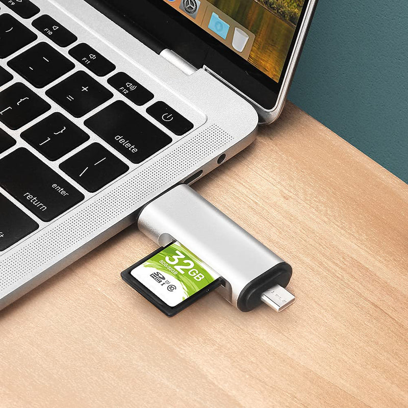 [Australia - AusPower] - SD/Micro SD Memory Card Reader, BorlterClamp 3 in 1 Memory Card Reader with USB C Micro-USB OTG Adapter Compatible with PC, Laptop, MacBook, Tablet, Smartphone (Silver) silver 