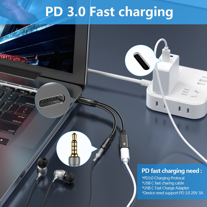 [Australia - AusPower] - USB C to 3.5 Headphone Jack Adapter-USB C PD 3.0 Quick Charging Port 60W Fast Charge Cable (DB) 