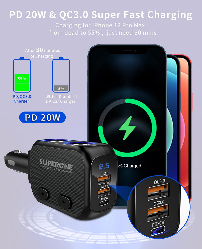 [Australia - AusPower] - SUPERONE 180W Cigarette Lighter Splitter with 20W PD, 2-Socket Cigarette Lighter Adapter, Fast USB C Car Charger with Type-C 20W PD & QC 3.0 for Dash Cam, GPS, Laptop/iPad/iPhone 13/12/11/X/8/Samsung 