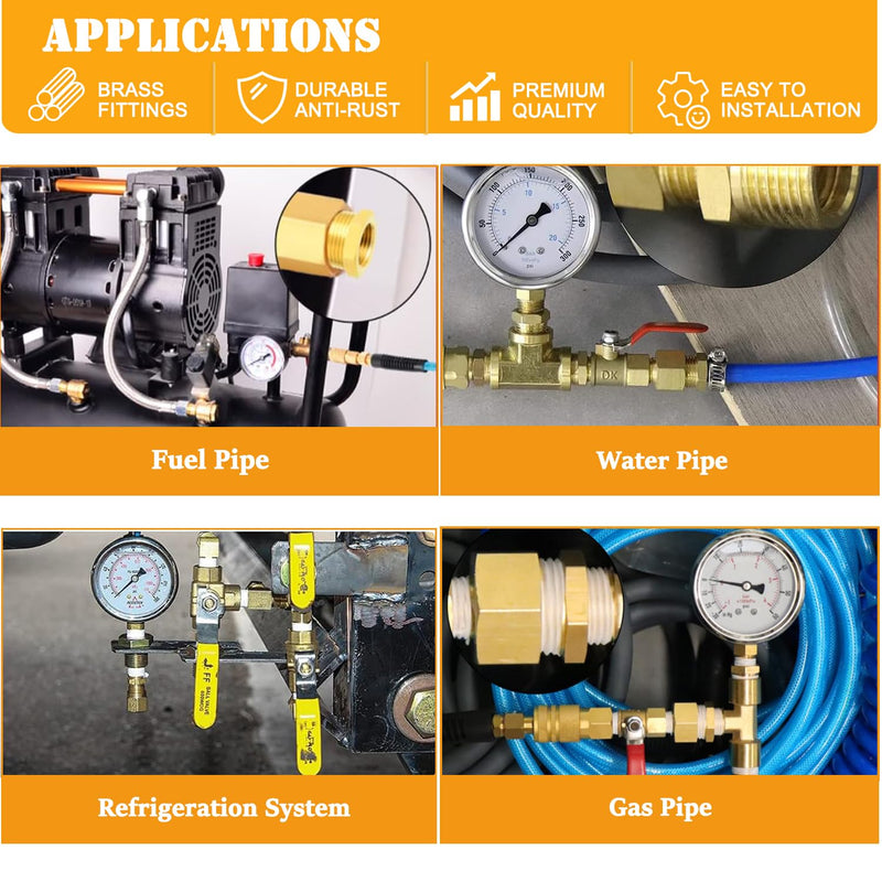 [Australia - AusPower] - CAMNWAMN 10PCS 1/4" Brass Pipe Fittings Kit, 0-60PSI Pressure Gauge, Ball Valve, Hex Nipple, Hex Coupling, Tee and Hex Bushing 1/4" - 1/8" & 3/8" - 1/4" (Pressure Gauge Kit) 