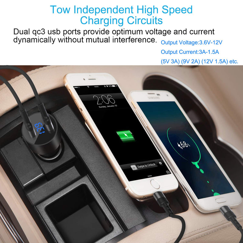 [Australia - AusPower] - USMEI Voltmeter Quick Charge 3.0 Dual USB Car Charger, 36W QC3.0 USB Adapter + 3A USB Type C Cable for Galaxy S20/S20+ Ultra S10 S10E S9 S8 Note 10 9 8,Moto Z/Z2, LG G5/G6/V20/V30(Black Braided) BLACK BRAIDED 