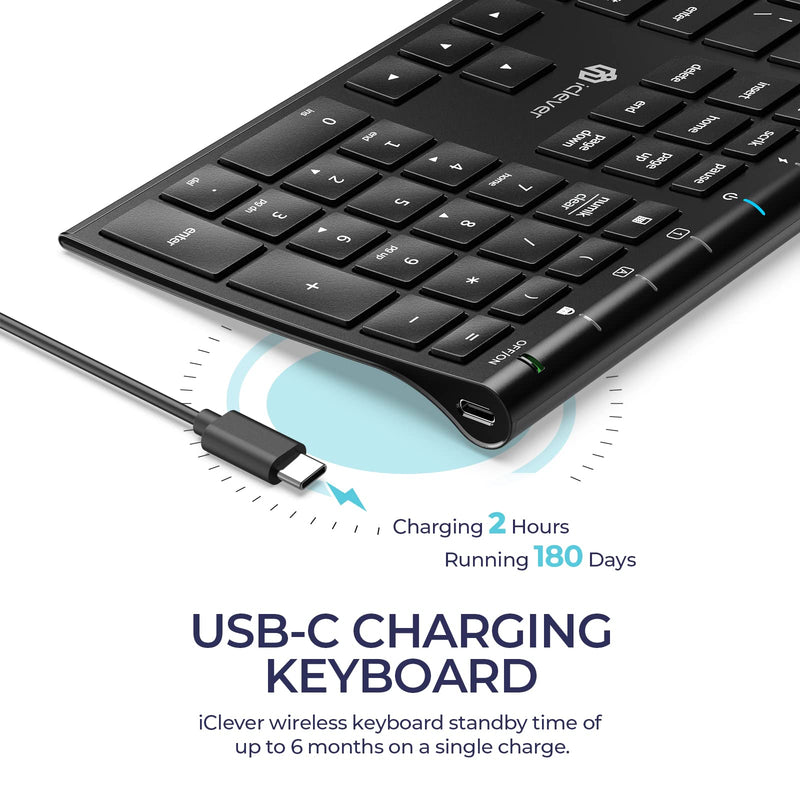 [Australia - AusPower] - iClever GK20 2.4G Wireless Keyboard, USB-C Rechargeable Stainless Steel Ultra Slim Full Size Keyboard with Numeric Keypad for Windows 7/8/10, Mac, Chromes OS, iMac, MacBook Air/Pro, Laptop, Desktop PC Black 