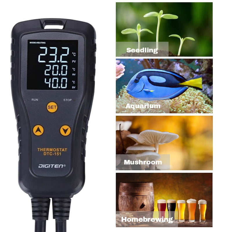 [Australia - AusPower] - DIGITEN DTC151 Temperature Controller Plug-in Thermostat Cooling Heating Temperature Controller Outlet GreenhouseThermostat for Germination Incubation Homebrewing 15A Temperature Controller 