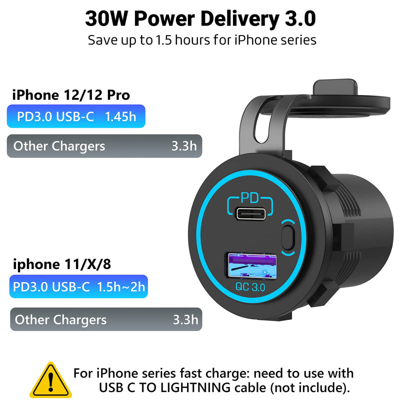 [Australia - AusPower] - [2 Pack] USB C 12V USB Port, Qidoe 40W PD & QC3.0 USB C Car Charger Socket with ON/Off Switch and 59 Inches Wire Waterproof DIY 12V/24V USB Outlet for Car Boat Golf Cart Marine RV Motorcycle 