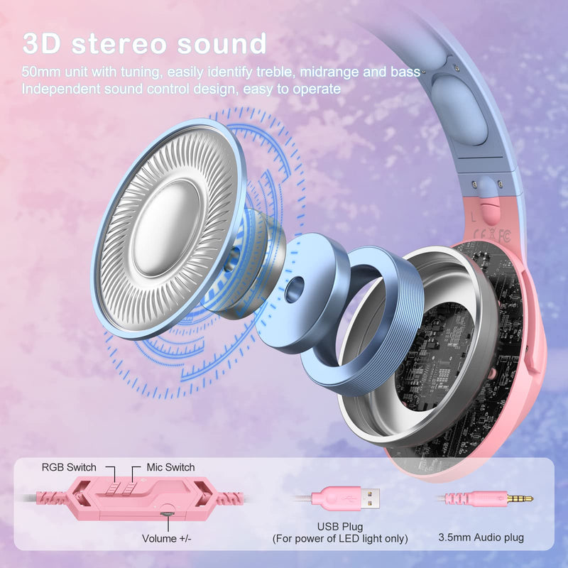 [Australia - AusPower] - PHNIXGAM Gaming Headset for PS4, PS5, Xbox One(No Adapter), Cat Ear Headphones with Noise Cancelling Microphone, RGB Backlight, Surround Sound for PC, Mobile Phone, Gradient Pink Blue 