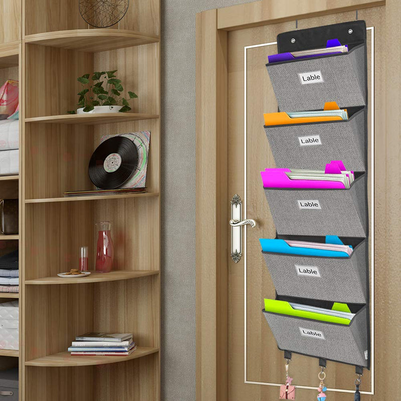 [Australia - AusPower] - Over the Door File Organizer,Wall Mounted Hanging File Folder Holder Mail organizers,Home Office Supplies Storage Pocket Chart for Paper,Magazine,Notebooks,Planners,5 Large Pockets Grey 