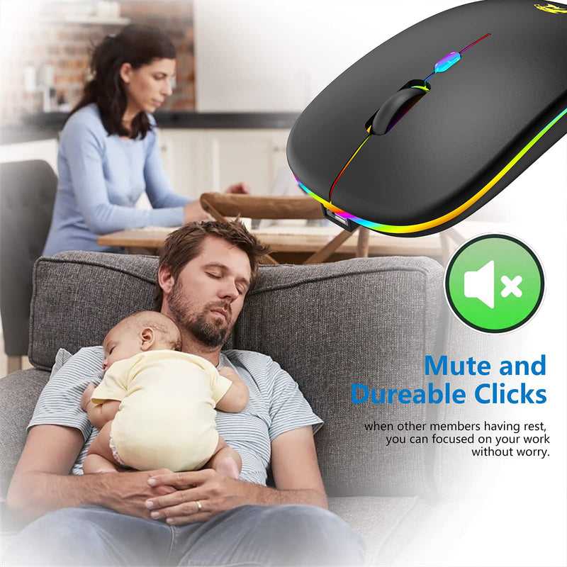 [Australia - AusPower] - Wireless Mouse, Bluetooth Mouse, LED Slim Two Mode(Bluetooth and 2.4G Wireless) Rechargeable Led Mouse with USB and Type C Adapter 3 Adjustable DPI for iPad OS 13, MacBook, Laptop, Mac OS Classic Black 