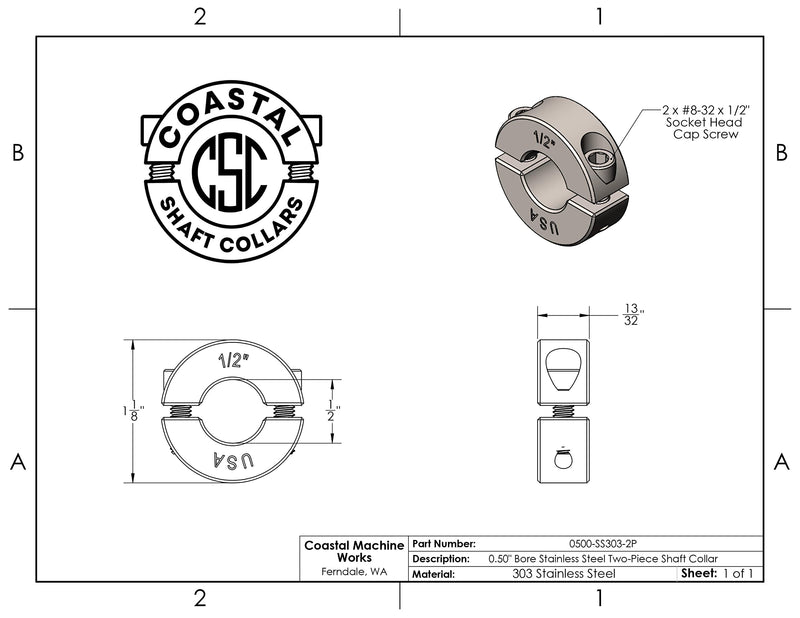 [Australia - AusPower] - Coastal Shaft Collars - 0.50" Bore Diameter - Clamping Two Piece Shaft Collar - 303 Stainless Steel (1 Pack) 1 