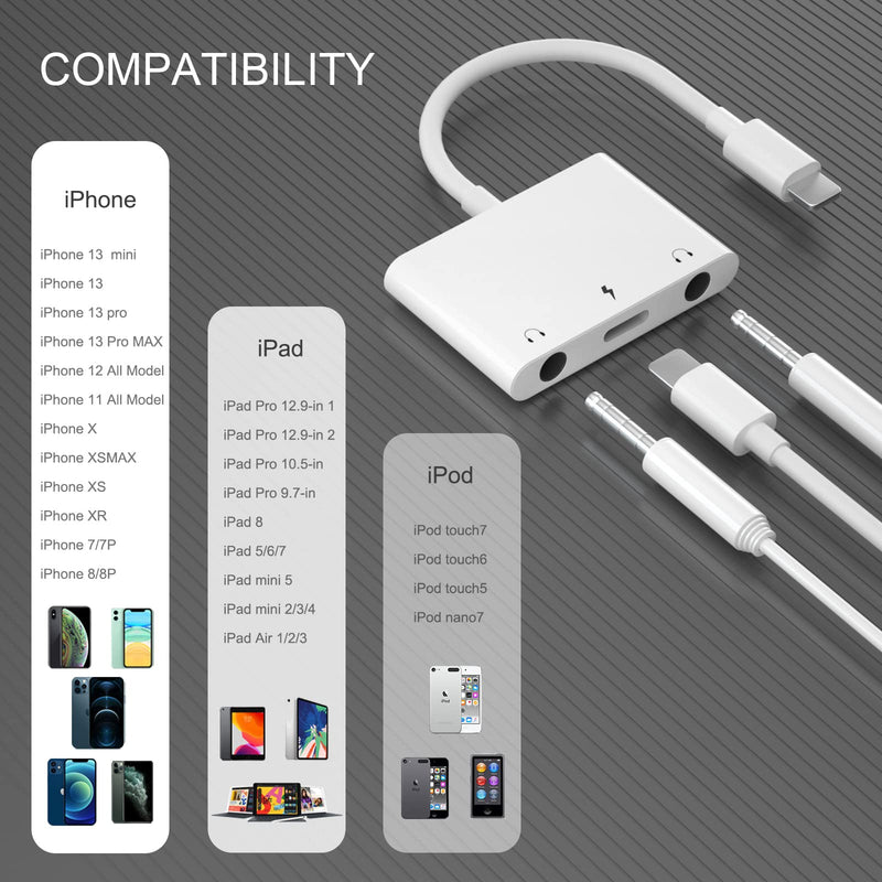 [Australia - AusPower] - iPhone Charger and Headphone Splitter, Dual 3.5mm Jack Headphone Splitter + Dongle Charger Splitter for iPhone 13/12/11/11Pro/11Pro Max/XR/XS/X/8/8Plus, Support iOS 15 