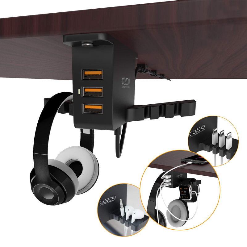 [Australia - AusPower] - Headphone Stand with USB Charger COZOO Under Desk Headset Holder Mount with 3 Port USB Charging Station and iWatch Stand Smart Watch Charging Dock Dual Earphone Hanger Hook,UL Tested Black 