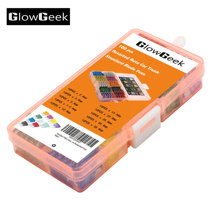 [Australia - AusPower] - GlowGeek 100pcs Assorted Auto Car Truck Standard Blade Fuse Assortment 2A 3A 5A 7.5 A 10A 15A 20A 25A 30A 35A Car Boat Truck SUV Automotive Replacement Fuses 