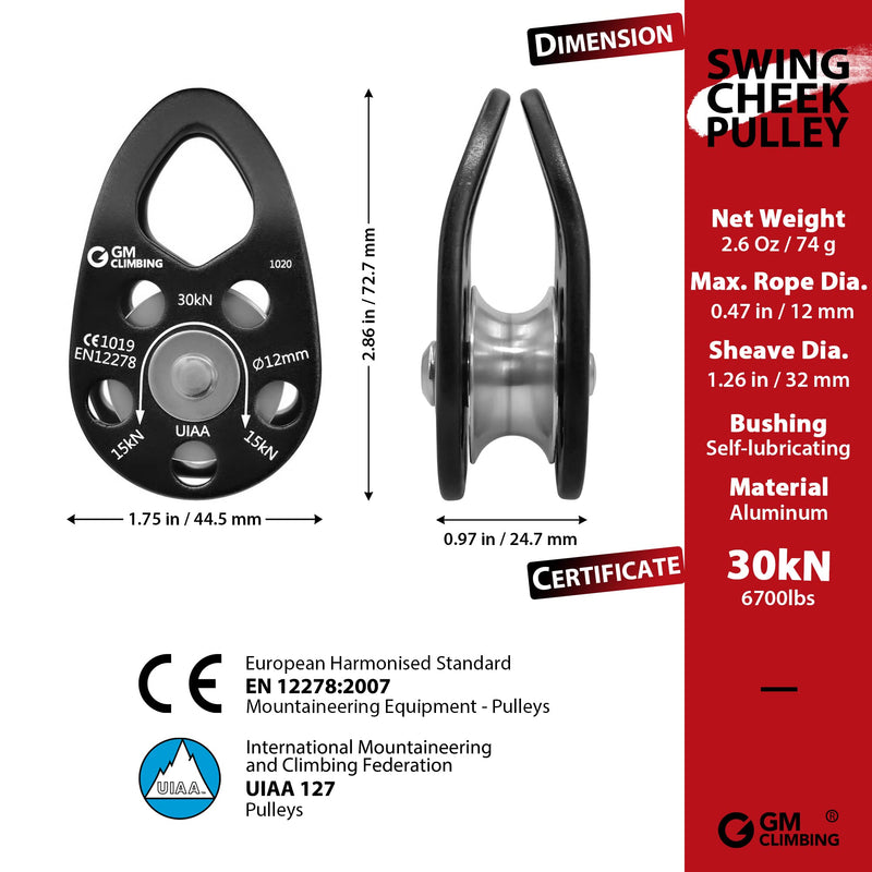 [Australia - AusPower] - GM CLIMBING UIAA Certified 30kN Swing Cheek Micro Pulley Black General Purpose One unit 