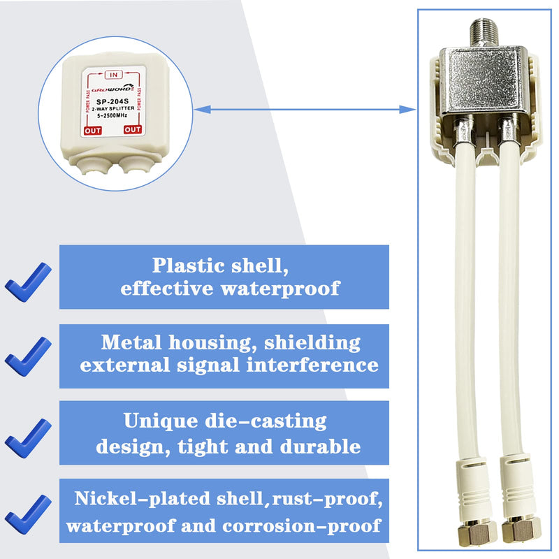 [Australia - AusPower] - GROWORD 2-Way coaxial Cable Splitter, 5-2500MHz CATV Splitter with 6” RG6 Coaxial Cable and 2 Coax Connectors, for Pass Power to LNB, Improve TV Satellite Antenna Signal Quality, Corrosion Resistant 6 inch 
