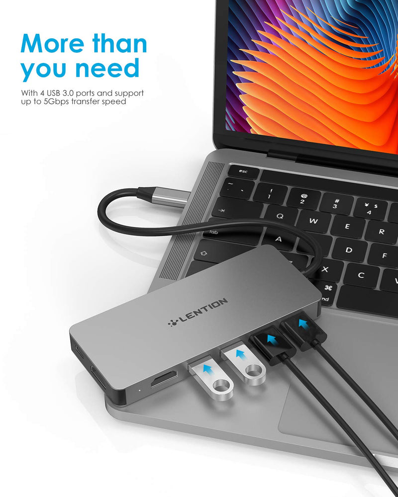 [Australia - AusPower] - LENTION USB C Dual HDMI Hub with 4X USB 3.0, 2X 4K HDMI and 100W Type C Charging Adapter, Compatible with Thunderbolt 3 Ports Devices (CB-C45, Space Gray) 