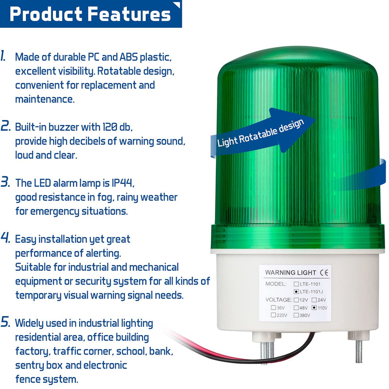[Australia - AusPower] - GKEEMARS Industrial Signal Alarm Tower Lamp LTE-1101J AC 110V, LED Rotating Strobe Warning Light with Buzzer for Emergency (Green) Green 