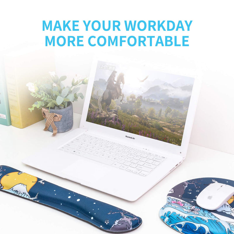 [Australia - AusPower] - AORTDES Memory Foam Ergonomic Keyboard Mouse Pad Wrist Support Set - Non Slip Mousepad Wrist Rest for Computer/Gaming/Office - Comfortable for Easy Typing & Pain Relief(Fujiyama & Moon & White Crane) Kwrp-01a 