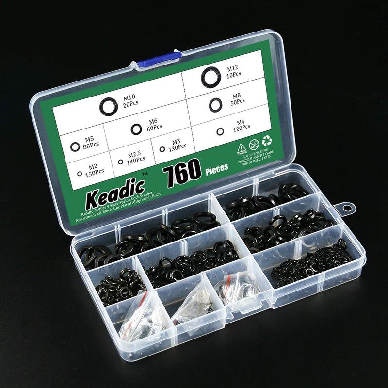 [Australia - AusPower] - Keadic 760Pcs Spring Lock Washer Assortment Kit Black Zinc Plated Alloy Steel, 9 Sizes - M2 M2.5 M3 M4 M5 M6 M8 M10 M12 Zinc Plated Lock Washer - 760Pcs 