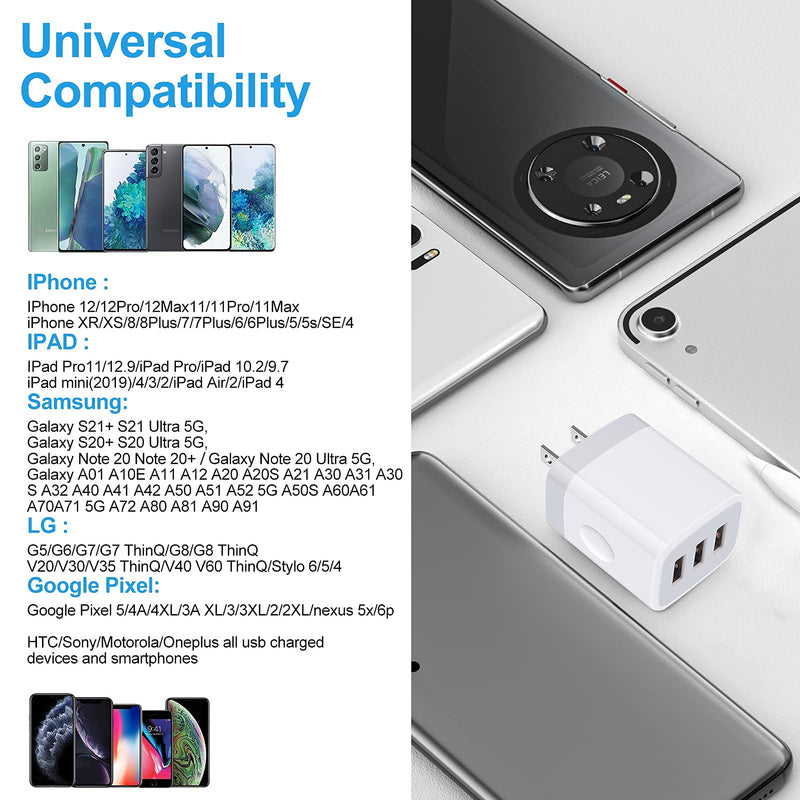 [Australia - AusPower] - Ehoho USB Charger Block,Multiport Plug in Wall Charger,2Pack Triple 3.1A 3-Port Power Adapter Charging Box Compatible iPhone 13 Pro 12,Samsung Galaxy,Motorola,LG,iPad,Oneplus,Android, White 