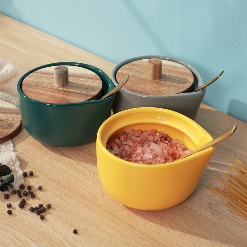 [Australia - AusPower] - everous Salt Box(green) Salt Cellar Elegant Design Decorative Boxes Big Capacity Wood green Ceramic Base 