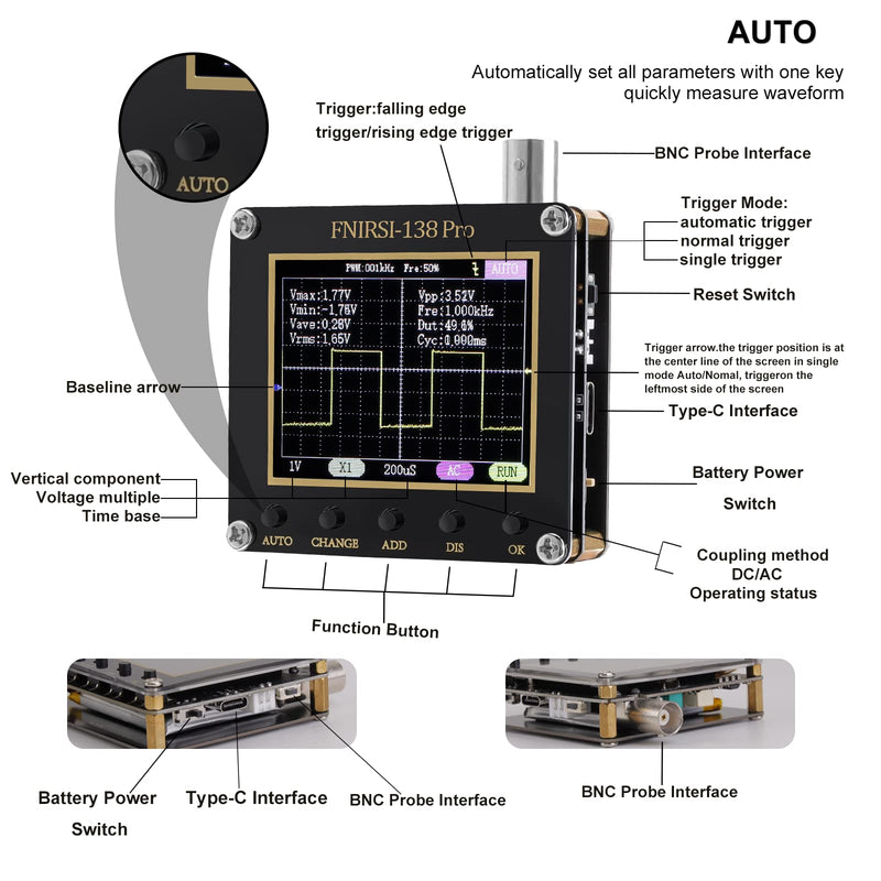 [Australia - AusPower] - LCD Handheld Digital Oscilloscope Kit - 138 Pro 2.4"TFT Mini Automotive Oscilloscope 200Khz Digital Oscilloscopes Portable 2.5Ms/s Sampling Rate, 80khz Pwm, Trigger Function Auto/Nomal/Single 