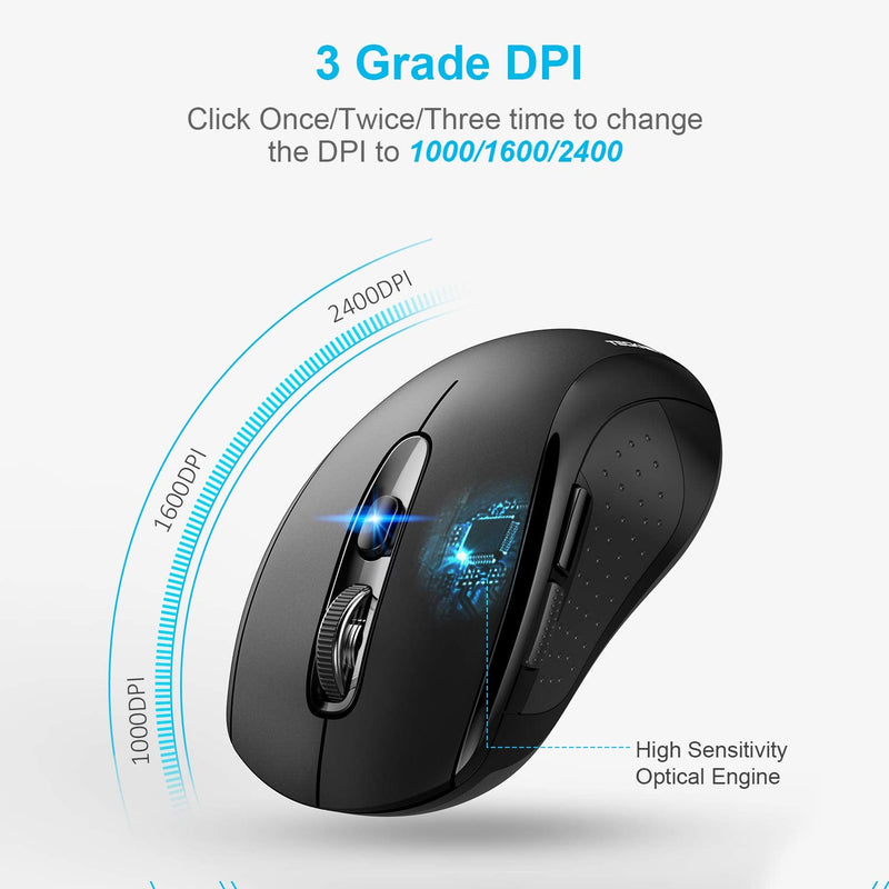 [Australia - AusPower] - Bluetooth Wireless Mouse, TECKNET 3 Modes Bluetooth 5.0 & 3.0 Mouse 2.4G Wireless Portable Optical Mouse with USB Nano Receiver, 2400 DPI for Laptop, MacBook, PC, Windows, Android, OS System (Black) Black 