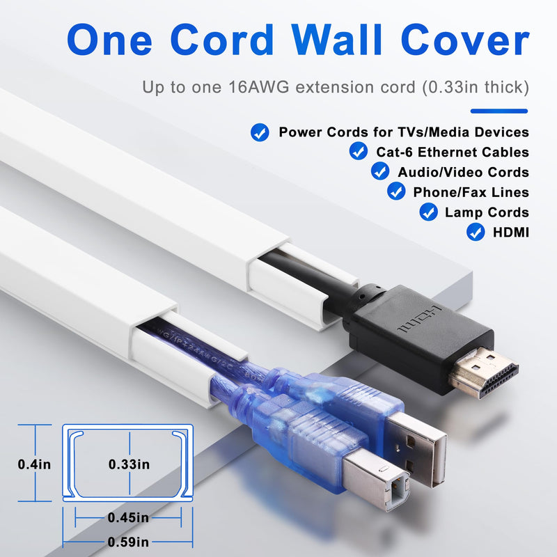 [Australia - AusPower] - Cord Hider Wall for One Cord, 136in Cord Covers for Wires on Wall, Easy Install Cable Cover Wall, Cable Raceway White Hide Cords, Cable Hider Cord Management Wall, 8X L17in W0.6in H0.4in Small 136in Kit 
