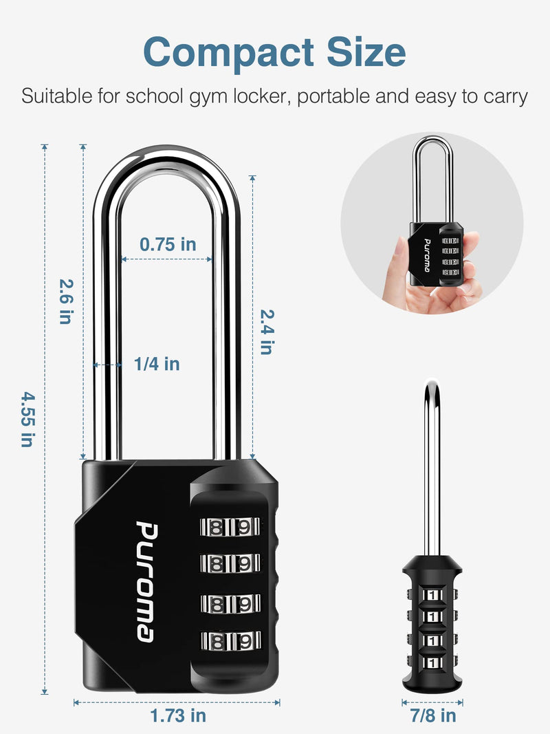 [Australia - AusPower] - Puroma 2 Pack 2.6 Inch Long Shackle Combination Lock 4 Digit Outdoor Waterproof Padlock for School Gym Locker, Sports Locker, Fence, Gate, Toolbox, Case, Hasp Storage (Black) Black 
