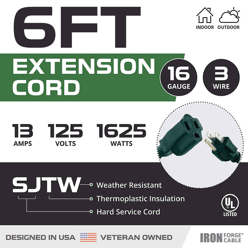 [Australia - AusPower] - 6 Foot Outdoor Extension Cord - 16/3 SJTW Durable Green Cable with 3 Prong Grounded Plug for Safety 6 Foot 