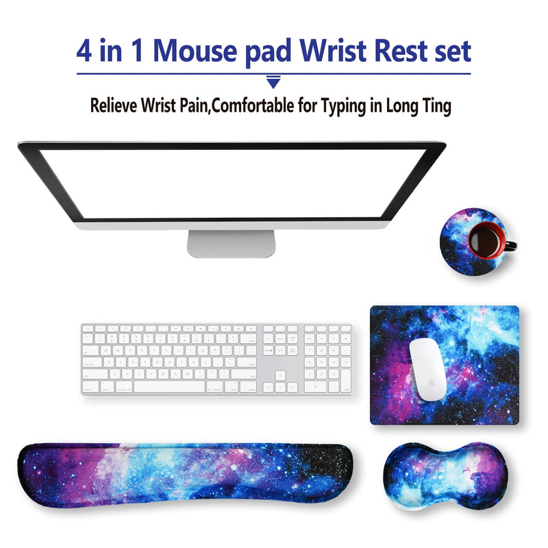 [Australia - AusPower] - ArtSo Keyboard Wrist Rest and Mouse Pad with Wrist Support Set Ergonomic Coaster, Memory Foam Mousepad 4 in 1 Non-Slip Rubber Base Durable Comfortable for Easy Typing Pain Relief, Starry Sky Galaxy 